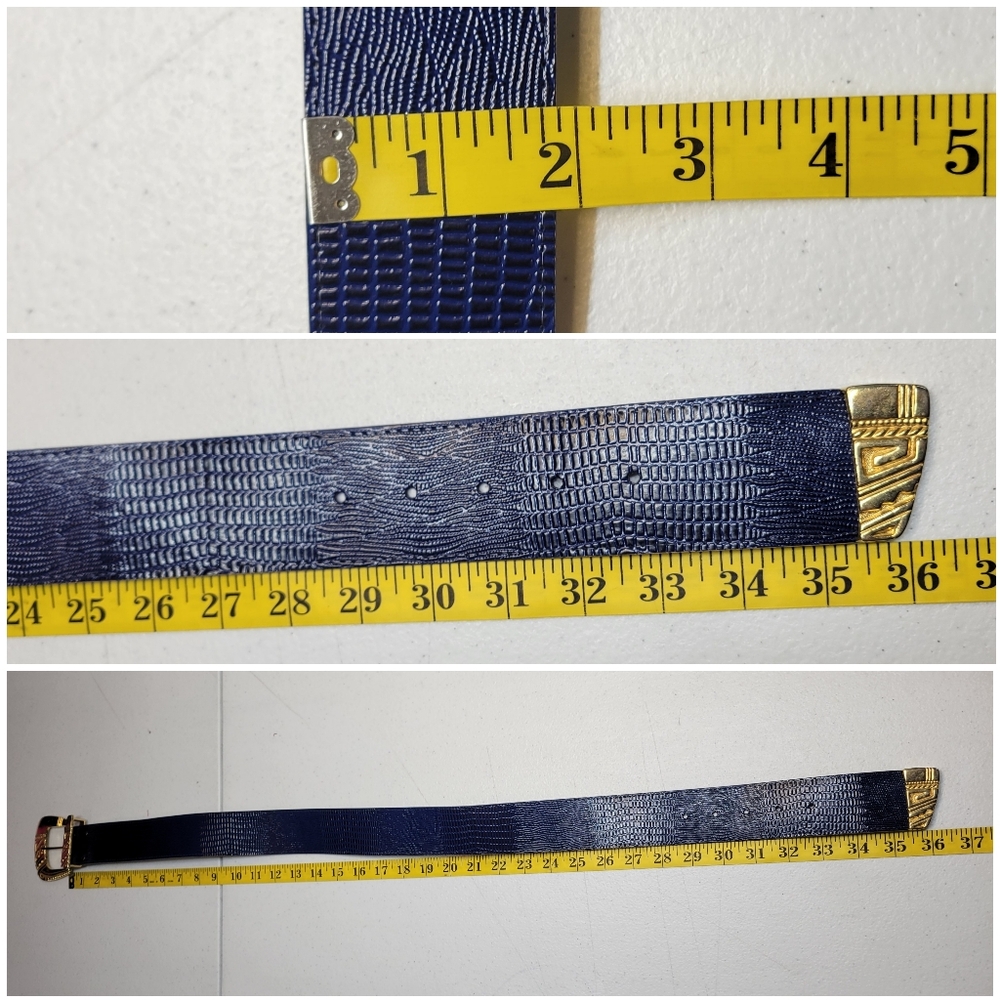 Vintage 80s Faux Lizard Embossed Blue Belt with Oversized Gold Buckle - Picture 11 of 11